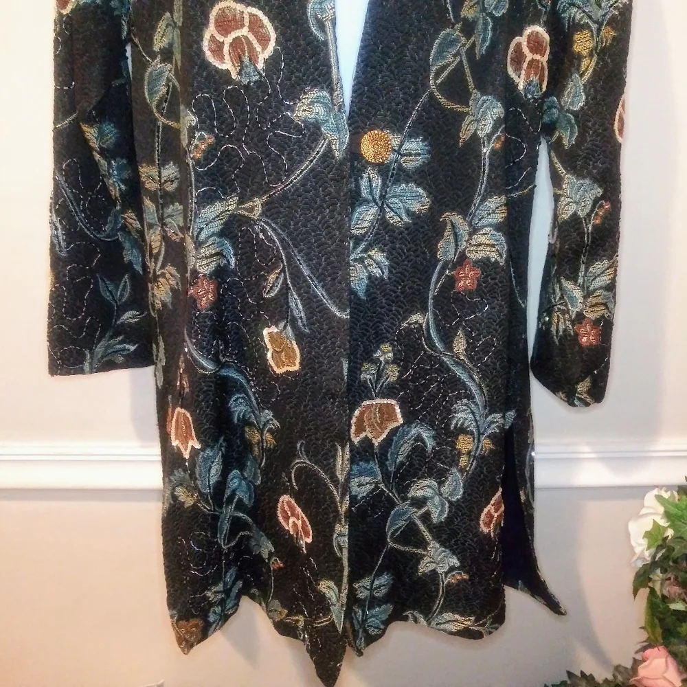 Indigo Moon Boho Beaded & Sequinned Black/Multi Long Floral Brocade Coat - Picture 3 of 12